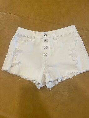 Hollister White Distressed Button-Front Denim Shorts